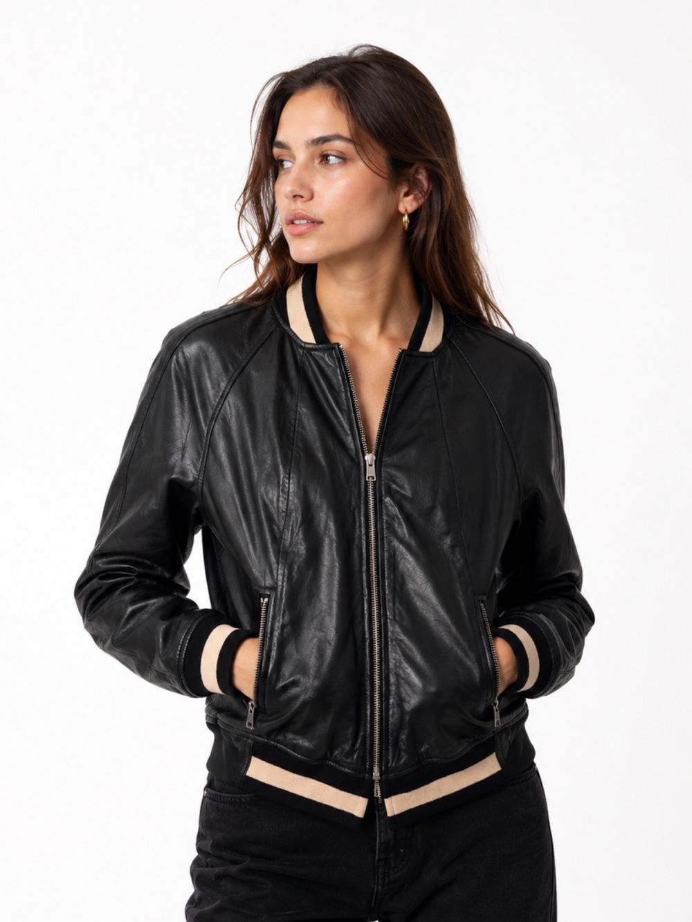 Lamarque Selby Black Leather Bomber Moto Jacket with Cream Trim
